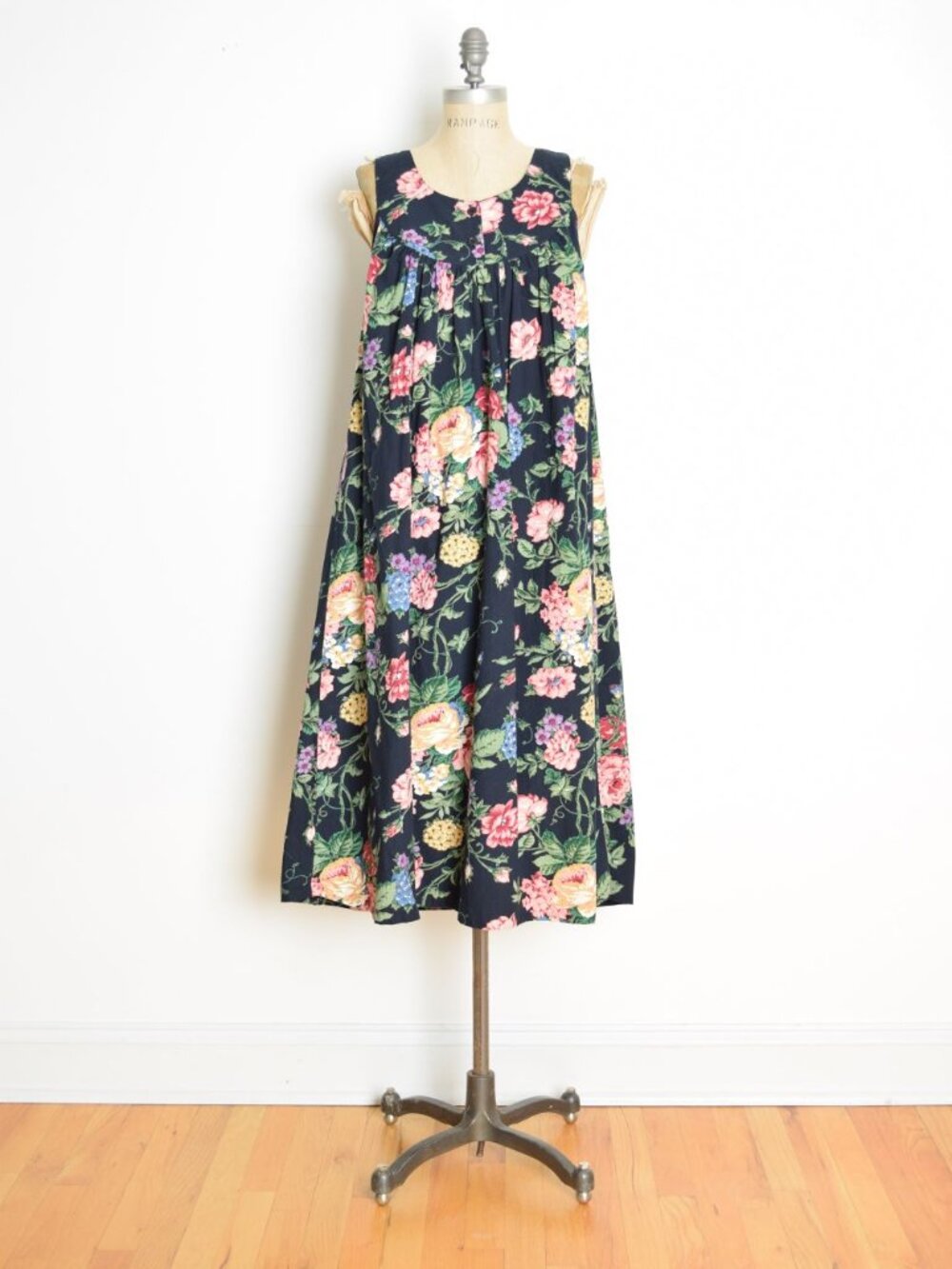 vintage 90s dress navy floral cabbage roses babydoll cottagecore midi Starina M